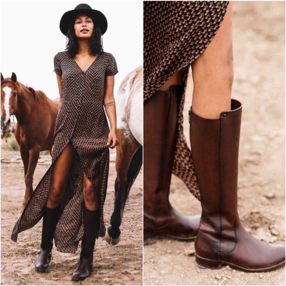 Frye Melissa Stud Redwood Leather Back Zip Equestrian Riding Tall Knee High Boot